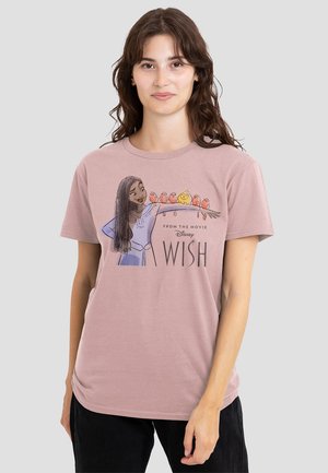 Light pink cotton t-shirt featuring a graphic illustration of a character with long hair and birds, with "from the movie Disney WISH" text.