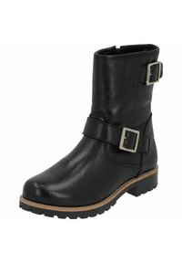 Botín negro de cuero hasta el tobillo con dos hebillas plateadas, una suela de goma resistente y una textura suave. Cierre con cremallera en la parte posterior para poner y quitar fácilmente.