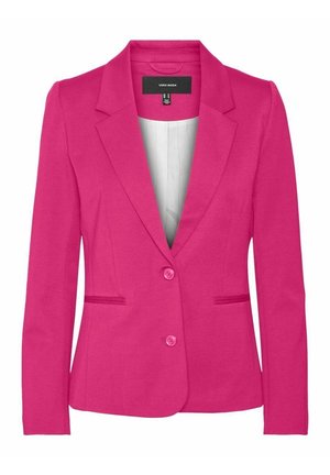 Blazer ajusté rose vif pour femme avec deux boutons, revers crantés et deux poches fendues à l'avant.