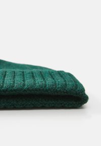 Green ribbed knit beanie made of soft wool with a folded hem. Features a thick texture and a close-fitting design.
