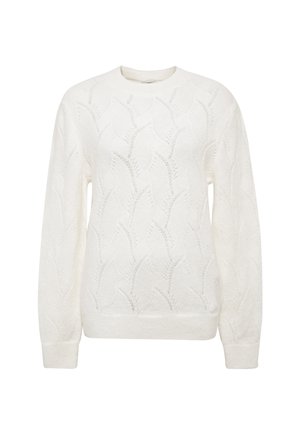 Weißer Strickpullover mit Wellenmuster und gerippten Bündchen an Ärmeln und Saum, mit Rundhalsausschnitt und langen Ärmeln.