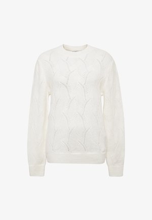 Weißer Strickpullover mit Wellenmuster und gerippten Bündchen an Ärmeln und Saum, mit Rundhalsausschnitt und langen Ärmeln.