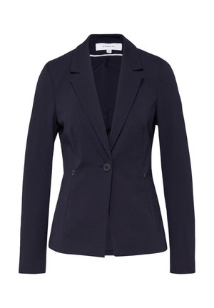 Marineblauer, maßgeschneiderter Blazer mit einreihiger Knopfleiste, Revers, langen Ärmeln und seitlichen Taschen mit Reißverschluss.