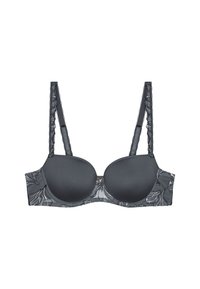 Mustasa padded-rintaliivi kukkakuvioisella pitsireunalla, jossa on säädettävät olkaimet ja sileä pinta, korostaen yksinkertaista, modernia muotoilua.