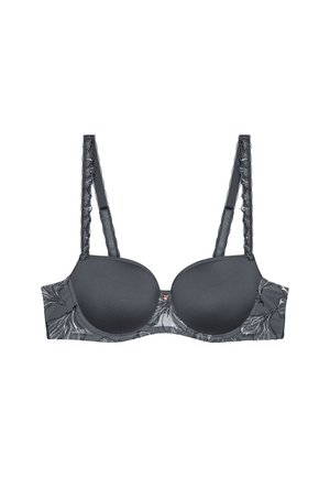 Černá vycpaná podprsenka s květinovou krajkou, která má nastavitelné ramínka a hladký povrch, zdůrazňuje jednoduchý, moderní design.