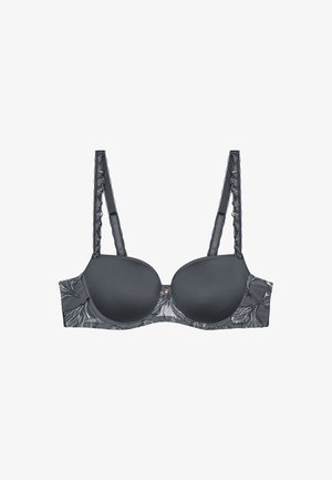 Sorte polstrede bh med blomsterne lace trim, der har justerbare stropper og en glat overflade, som fremhæver et enkelt, moderne design.