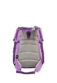 Purple child carrier with padded, breathable back panel and adjustable straps. Features a mesh texture and silver hardware accents.