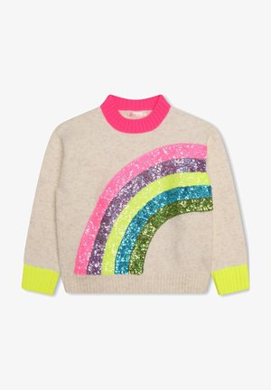 Pull beige avec col côtelé rose vif, poignets jaune néon, et un grand arc-en-ciel à sequins en rose, violet, jaune, bleu et vert.