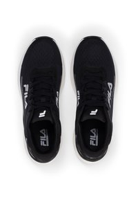 Zwarte sportieve shoes met mesh bovenwerk, vetersluiting en gevoerde zool. Heeft witte logo-accenten en een minimalistisch ontwerp.