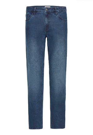 Blue denim jeans with a straight leg design, five pockets, and a button closure. Textured fabric with slight fading on the thighs.