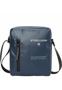 Borsa rettangolare blu realizzata in materiale testurizzato, con una tasca frontale con zip, tracolla regolabile e testo stampato.