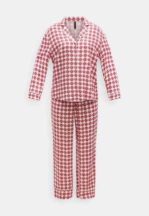 Red and white checkered long-sleeve button-up pajama top and matching pants with small heart patterns on a white background.