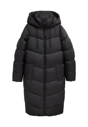 Manteau en duvet noir avec une capuche, présentant des sections matelassées, un zip à l'avant et deux poches verticales sur les côtés.
