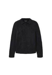 Suéter negro de felpa con cuello, que presenta una tapeta de botones y un tejido texturizado, diseñado con mangas largas y un corte relajado.