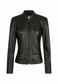 Black leather jacket with a stand-up collar, zip closure, fitted design, and smooth texture. Features detailed stitching on shoulders and seams.