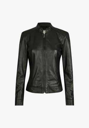 Musta nahkatakki, jossa on pystykake, vetoketjukiinnitys, sopiva muotoilu ja sileä pinta. Täydentävät yksityiskohtaiset ompeleet harteilla ja saumoissa.