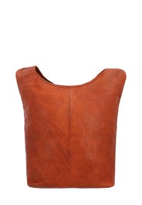 Brown leather tote bag with a smooth texture, curved top, and no visible hardware or embellishments. Simple, minimalist design.