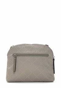 Sacca in tessuto beige con un delicato motivo a diamante e cerchio, tasca frontale con zip e cursore argentato, e chiusura con zip curvata nella parte superiore.