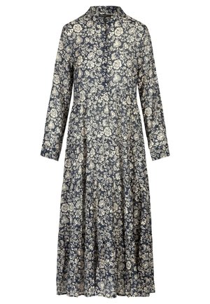 Długa granatowa sukienka z białym floralnym wzorem, długimi rękawami, zapinana na guziki z przodu, z wielowarstwową spódnicą.