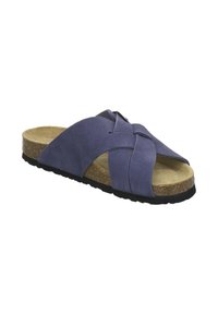 Blue suede slip-on sandal with crisscross straps, cork footbed, and black textured sole, angled to show inner and top sides.