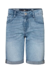 Shorts in denim azzurro chiaro con taglio dritto, orli arrotolati e design a cinque tasche. Presentano una chiusura con bottone in metallo e un'etichetta interna.