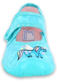 Türkise Mary Jane-Schuhe mit Textilobermaterial, Klettverschluss und besticktem Einhorn-Design mit Sternen. Strukturiere Sohle für besseren Halt.