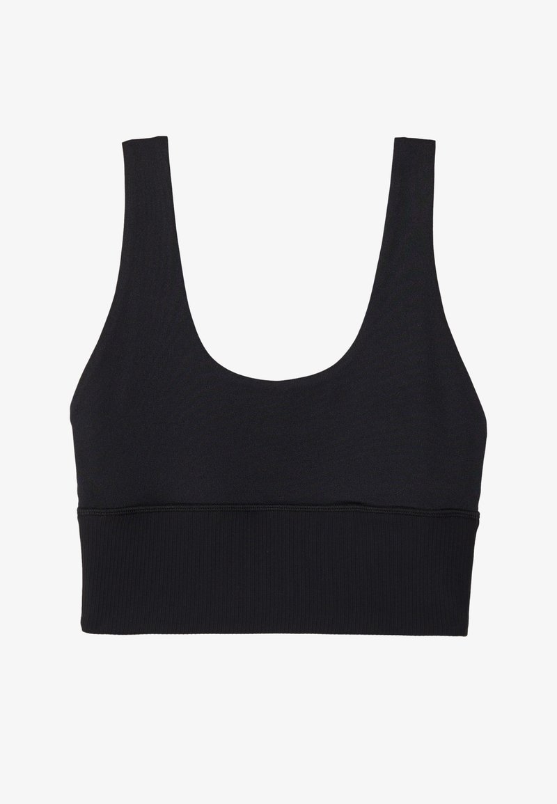 Melna sporta krūštura bez šuvēm ar platiem plecu siksnām un ribotu joslu, izstrādāta atbalstam un komfortam.