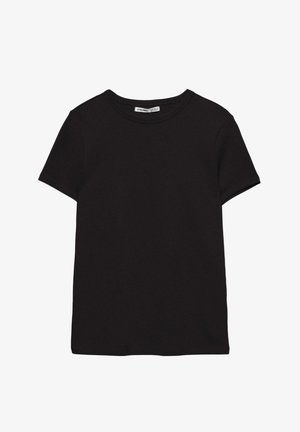 Czarny, bawełniany t-shirt z krótkim rękawem, okrągłym dekoltem, standardowym krojem i widoczną metką wewnątrz przy szyi.