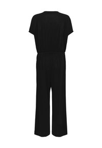 Svart jumpsuit i lättviktsmaterial med korta ärmar, elastisk midja och vida ben. Rena linjer, inga synliga dekorationer.