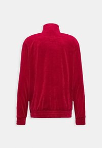 Veste en velours rouge avec un col haut, des manches longues et une taille ajustée. Texture lisse et couleur unie sans motifs ni accents supplémentaires.
