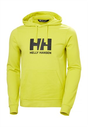 Hoodie in helder geel met een kangoeroezak, voorzien van een zwart "HH" logo en de tekst "HELly HANSEN" op de borst. Zacht materiaal.