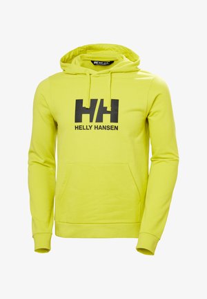 Hoodie in helder geel met een kangoeroezak, voorzien van een zwart "HH" logo en de tekst "HELly HANSEN" op de borst. Zacht materiaal.
