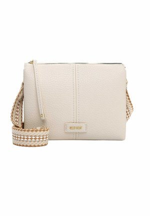 Sac bandoulière en cuir beige texturé avec fermeture éclair dorée, forme rectangulaire et bandoulière réglable tissée beige et blanche.