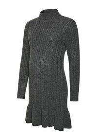 Vestito nero a coste, adatto per la gravidanza, con collo alto, maniche lunghe e bordo svasato. Tessuto morbido e vestibilità elastica per il massimo comfort.