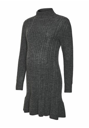 Vestido de punto negro con canalé, apto para el embarazo, de cuello alto, mangas largas y un dobladillo acampanado. Textura suave y ajuste elástico para mayor comodidad.