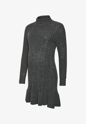 Raseda sõbralik must soonikdresses kõrge kaelusega, pikkade varrukate ja laieneva hemiga. Pehme tekstuur ja veniv sobivus mugavuse jaoks.