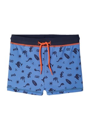Blue boys' swim trunks with orange drawstring, navy waistband, and summer-themed prints including palm trees, surfboards, and suns.