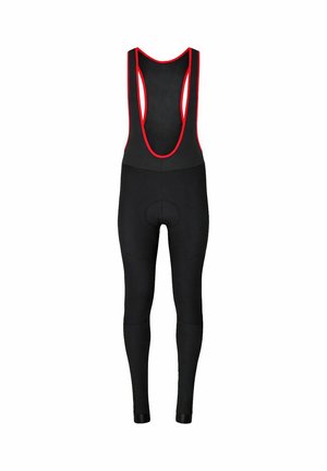 Schwarze, knielange Radhosen mit Trägern, rotem Rand und gepolstertem Sitzbereich, entwickelt für das Straßenradfahren.