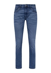 Denim jeans in dark blue, featuring a slim fit, five-pocket design, and a button closure with contrasting stitching.