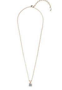 Collana in oro rosa con un pendente quadrato scintillante. Presenta un design a maglie sottili e una chiusura regolabile per personalizzare la lunghezza.