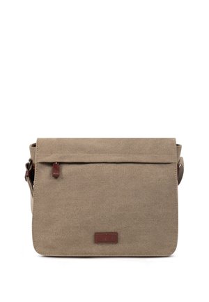 Sac messager en toile beige avec tirette de fermeture éclair en cuir marron et écusson logo, forme rectangulaire et bandoulière réglable.