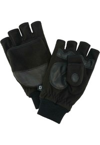 Black fingerless gloves made of fleece and synthetic material, featuring a textured grip on the palm and elastic wrist cuffs.