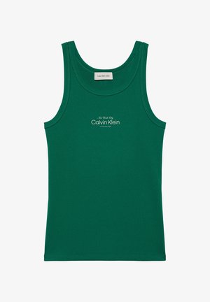 Grünes, geripptes, ärmelloses Calvin Klein Tanktop mit Rundhalsausschnitt und weißem Logo-Schriftzug mittig auf der Brust.