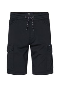 Zwarte cargoshorts van lichtgewicht stof, met zijzakken, een verstelbare trekkoordband en een relaxte pasvorm. Effen textuur.