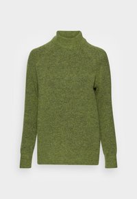 Grön polotröja i mjukt stickat tyg, med långa ärmar och en avslappnad passform, med en texturerad yta och subtila färgvariationer.