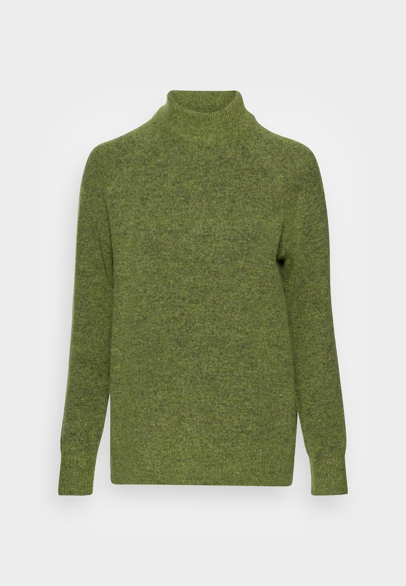 Grön polotröja i mjukt stickat tyg, med långa ärmar och en avslappnad passform, med en texturerad yta och subtila färgvariationer.