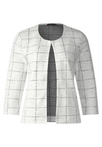 Texturerad vit kavaj med ett rutmönster i svart. Öppen front med trekvartslånga ärmar och rundad halsringning. Mjuk, vävd tyg.