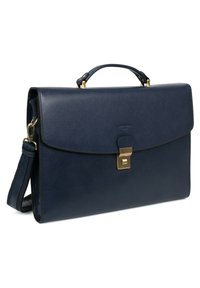 Marineblauwe leren aktetas met een gestructureerd ontwerp, handvat aan de bovenkant, afneembare schouderband en gouden sluiting. Glad textuur met subtiele nerf.