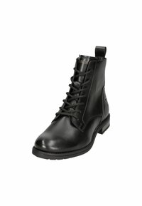 Black leather ankle boot with a rounded toe, lace-up front, and sturdy rubber sole. Features a pull tab and subtle branding on the side.