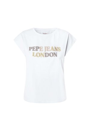 White short-sleeve t-shirt featuring "PEPE JEANS LONDON" text in black, gold, and metallic accents, with a relaxed fit and crew neckline.